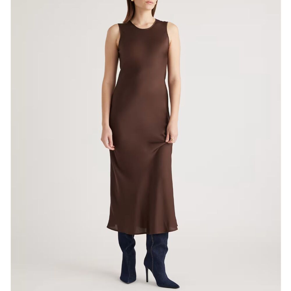 Quince Washable Stretch Silk Tank Midi Dress Hot Fudge Brown Size Small